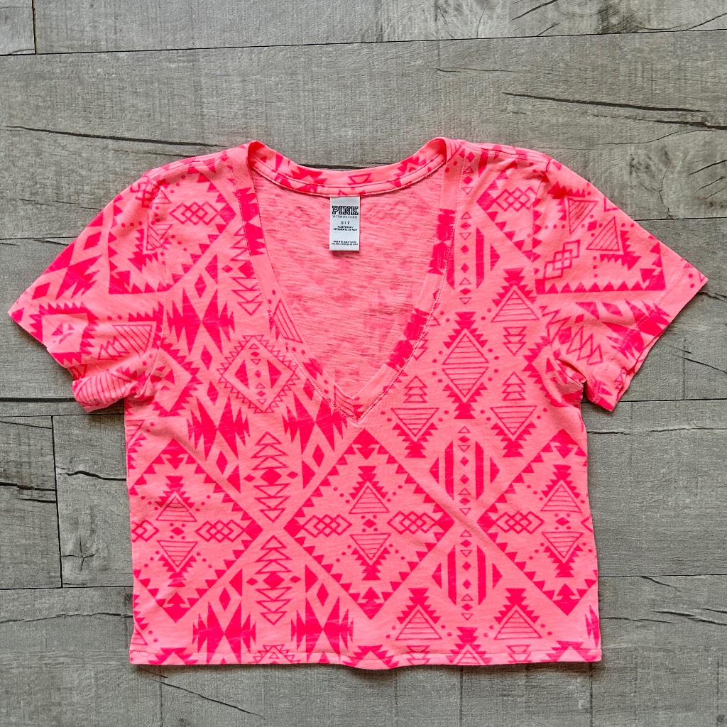 Victoria's Secret Pink Neon Pink V-Neck Cropped Festival Western Custom T-Shirt